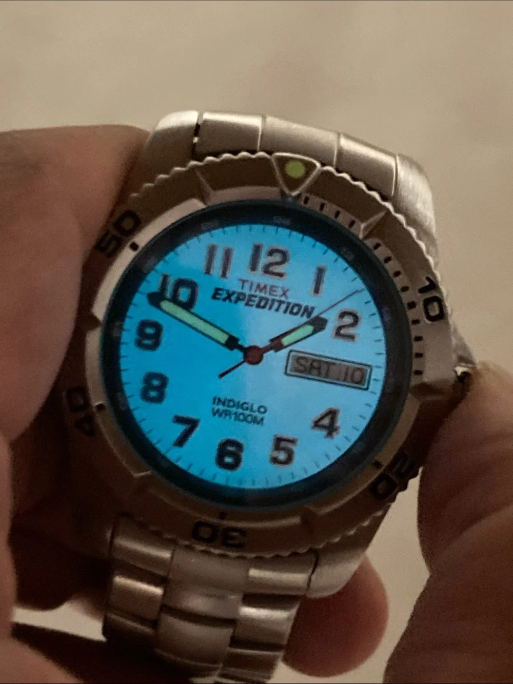 Timex Expedition Silver Watch with silver sunburst Dial, indiglo, new battery